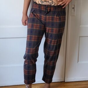 Free People Brecan High Rise Pleated Plaid Pleated Bag Pants Orange Blue XS